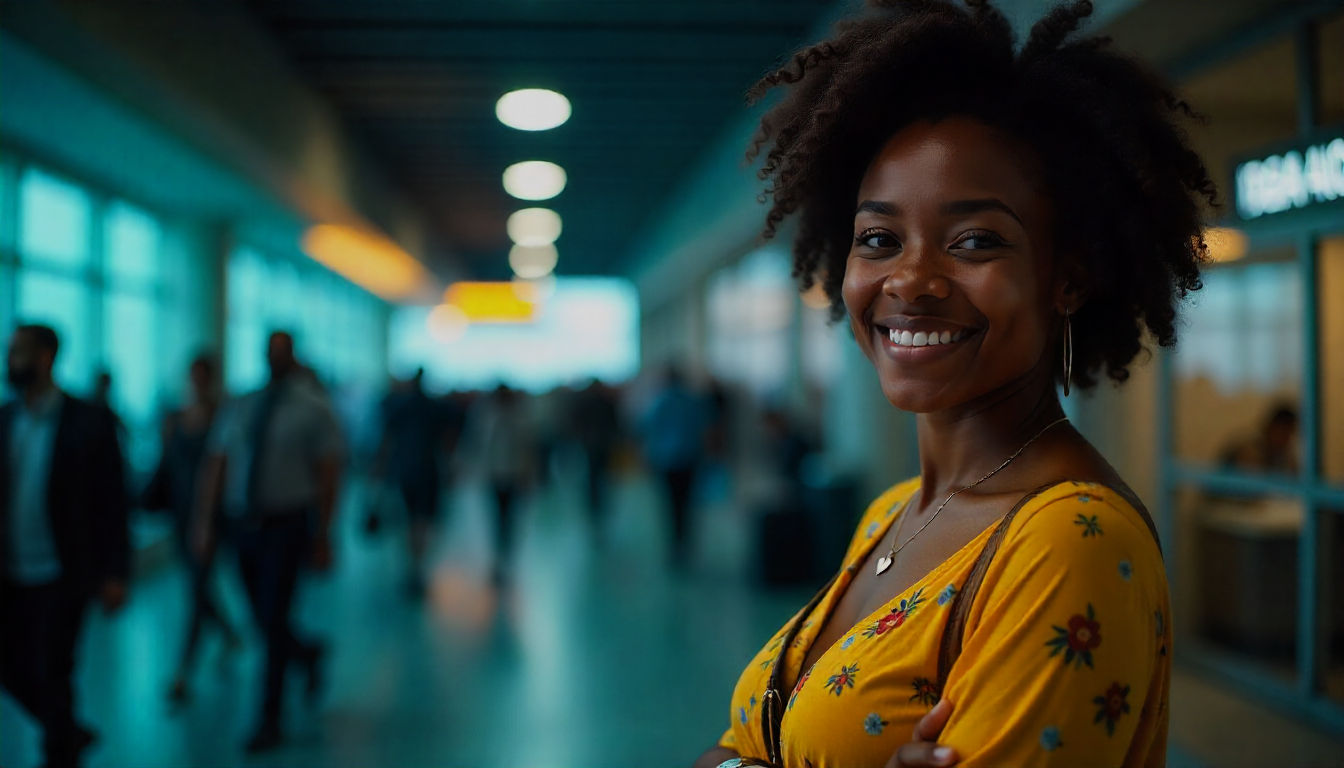 Smiling woman in yellow dress at the airport